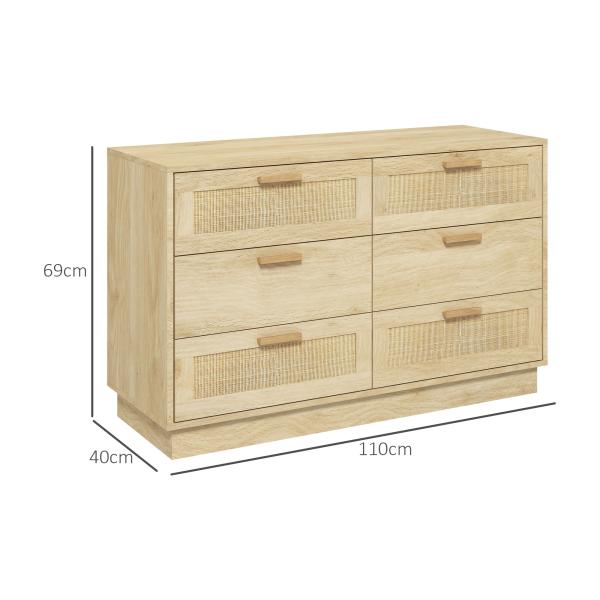 Cómoda para Quarto Cómoda de Madeira com 6 Gavetas de Vime Estilo Boêmio para Corredor Escritório 110x40x69 cm Carvalho