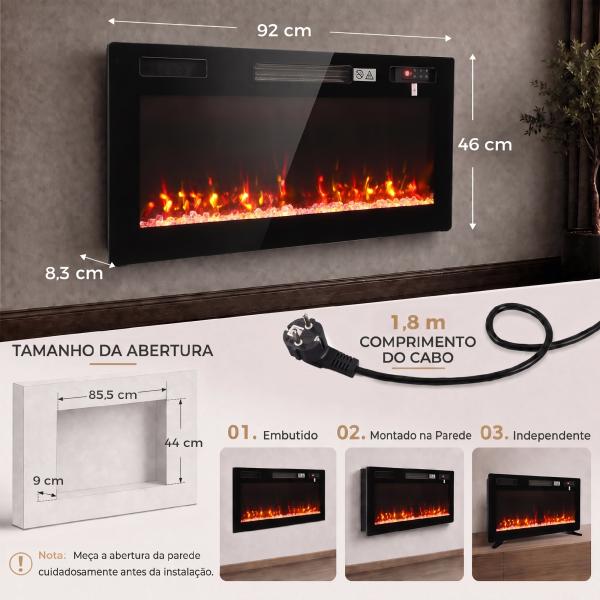 Lareira Elétrica Ultrafina 900/1800W Encastrável/De Parede/De Pé, 12 Cores de Chama 3D, Controlo Remoto, até 35 m², Preta