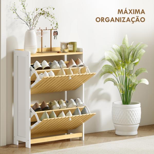 Sapateira Estreita com 2 Portas de Bambu Prateleiras Ajustáveis para 12 Pares de Sapatos 60x24x82,5 cm Branco e Madeira
