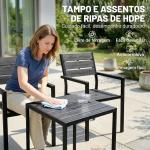 Conjunto de Jardim de 3 Peças com 2 Cadeiras e Mesa de HDPE Design com Ripas Efeito Madeira para Varanda Preto