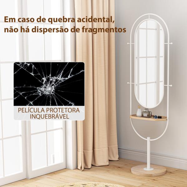 Espelho de Pé 50x175,5 cm Espelho de Corpo Inteiro com Bandeja de Madeira 4 Ganchos e Estrutura de Metal 50x40x175,5 cm Branco