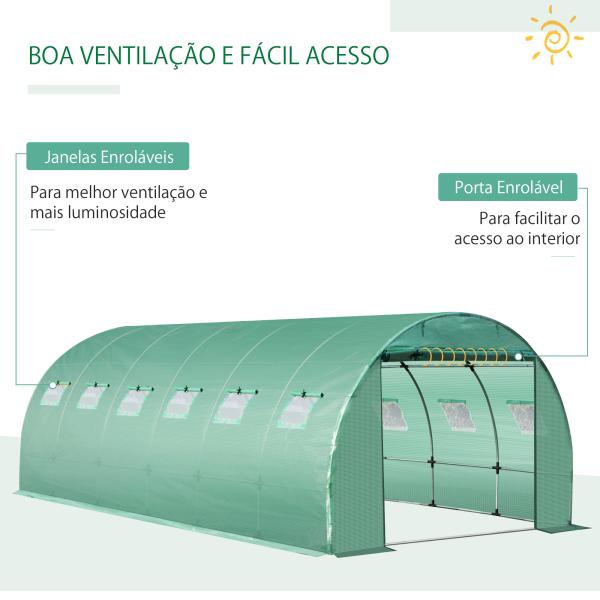 Cobertura de Estufa de Túnel 6x3x2m Cobertura de Substituição de Estufa Polietileno com 12 Janelas e Portas Enroláveis Proteção de Plantas para Jardim Verde