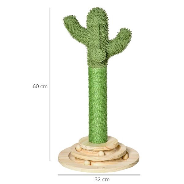 Poste Arranhador para Gatos em Forma de Cactus Pequena Árvore Arranhadora para Gatos com Poste de Sisal e Pelúcia Bola Suspensa e Base com Brinquedo de Madeira 32x32x60cm Verde
