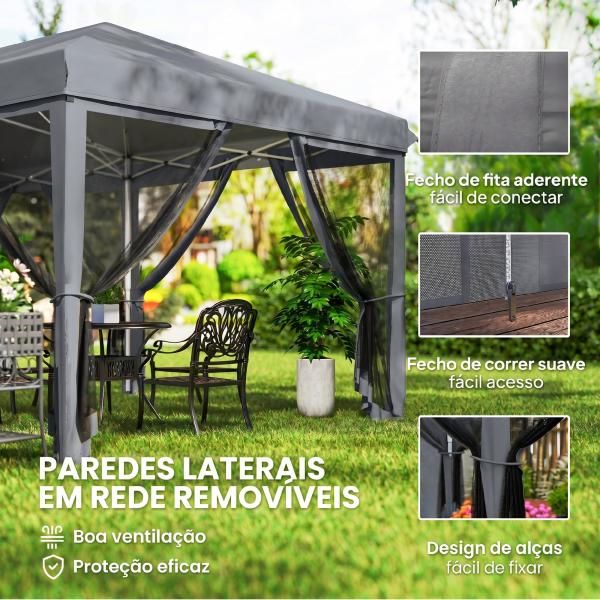 Tenda Dobrável 585x295x270 cm Tenda de Jardim com 6 Mosquiteiros Bolsa de Transporte e Estrutura de Aço Cinza