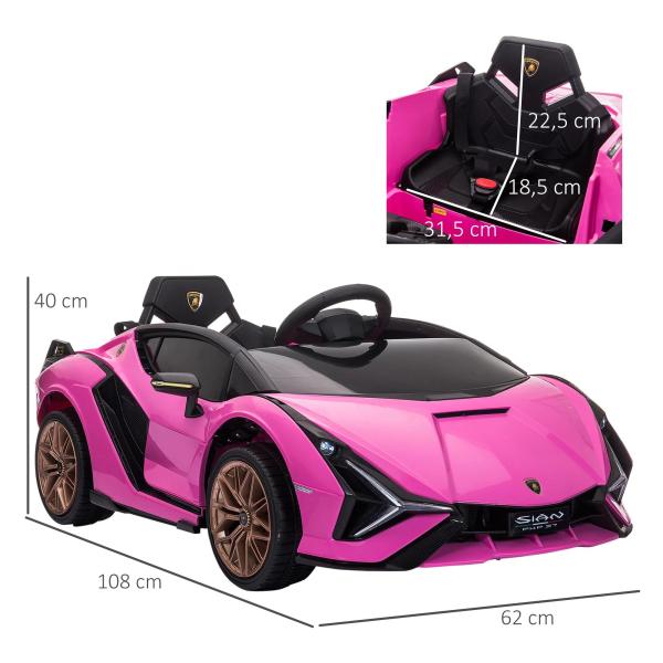 Carro Elétrico Lamborghini SIAN 12V para Crianças de 3 - 8 anos com Controle Remoto Abertura da Porta Música MP3 USB e Faróis 108x62x40cm Rosa