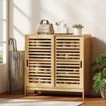 Sapateira de Bambu com 2 Portas de Correr de Ripas Sapateira de Entrada com Prateleiras Ajustáveis para 16 Pares de Sapatos 80x35x80 cm Madeira