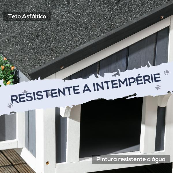 Casa para Gatos de Madeira com Suporte para Flores de 2 Níveis e Teto Asfáltico 96x65x85,5 cm Cinza