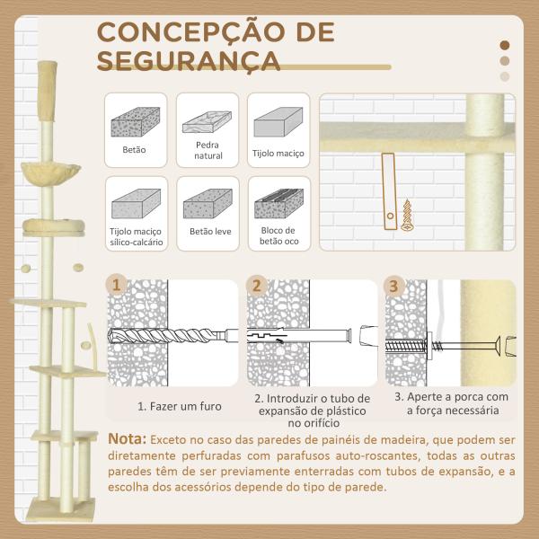 Arranhador para Gatos do Solo ao Teto de 230 - 250 cm com Altura Ajustável Múltiplas Plataformas Rede Bolas Suspensas Bege