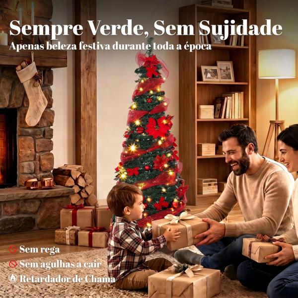 Árvore de Natal Artificial de 150 cm com 100 Luzes LED, 150 Ramos, 11 Modos, Bolas, Fitas e Base Dobrável, Verde e Vermelho