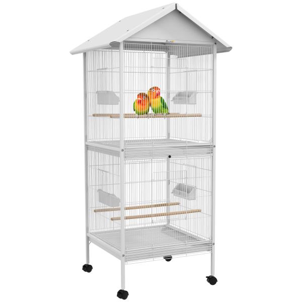 Gaiola para Pássaros 2 em 1 com 2 Andares Rodas 4 Comedouros 4 Poleiros e Bandejas Amovíveis 78x75x168 cm Branco