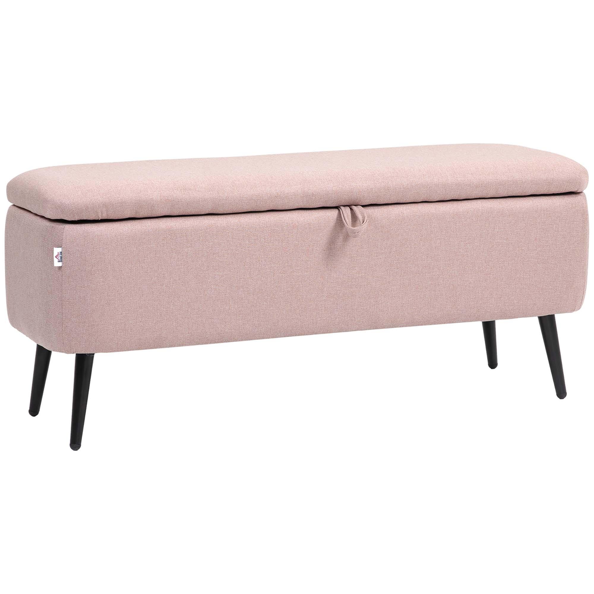 Banco de Armazenamento Estofado em Linho com Tampa Abatível e Pés de Aço Carga Máxima 150kg 101x38,5x44,5 cm Rosa