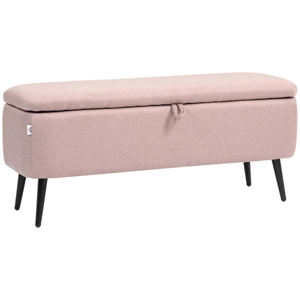 Banco de Armazenamento Estofado em Linho com Tampa Abatível e Pés de Aço Carga Máxima 150kg 101x38,5x44,5 cm Rosa