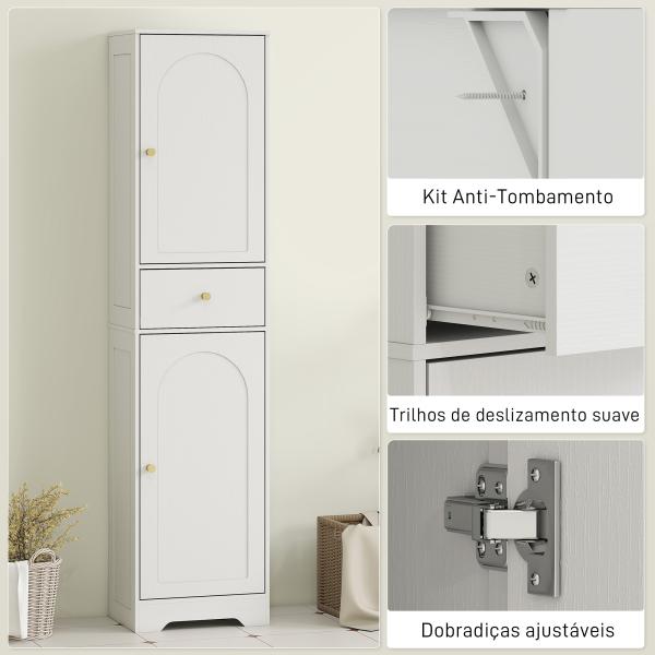 Coluna Casa de Banho com 2 Portas Arqueadas Gaveta e Prateleiras Ajustáveis Armário Alto Casa de Banho 40x29,5x170 cm Branco com Veios