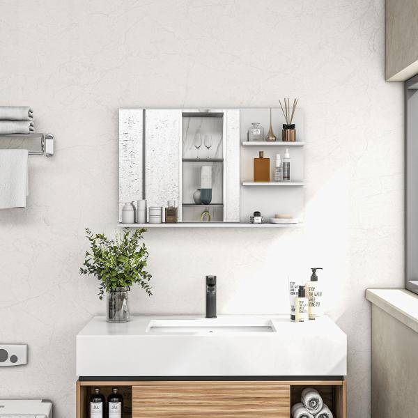Espelho de Casa de Banho de Parede com 2 Prateleiras Laterais e Prateleira Inferior 75x10x48 cm Branco
