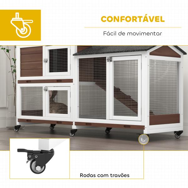 Casota para Coelhos para Exterior 157,4x53x99,5 cm Gaiola Grande com Rodas, Telhado Asfáltico, Tabuleiros Removíveis e Rampa Castanha