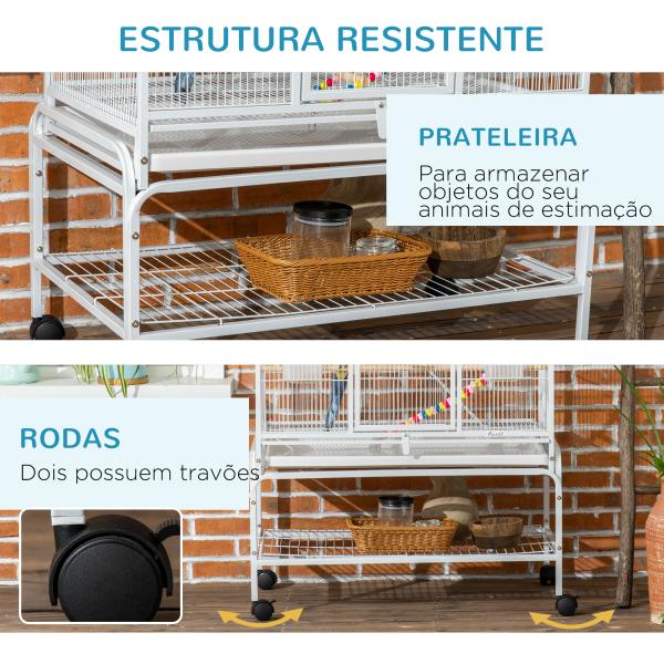 Gaiola para Pássaros com Rodas de 3 Níveis com 3 Poleiros Comedouros Brinquedos Rampas e Prateleira 83x53x180 cm Branco