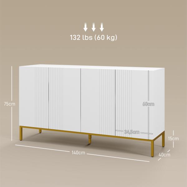 Aparador para Sala com 4 Portas, Prateleiras Ajustáveis e Pés Dourados 140x40x75 cm para Entrada ou Quarto, Branco