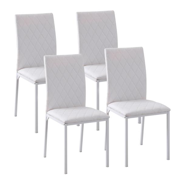 Conjunto de 4 Cadeiras de Sala de Jantar, Cadeiras Modernas para Cozinha, Encosto Alto com Costuras Decorativas em Forma de Diamante, Estofadas em Pele Sintética, Pernas de Aço, Suportam até 120 kg, Branco