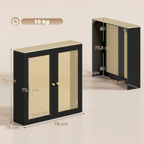 Cobertura para Radiador com 2 Portas em Rotim para Sala de Estar e Quarto 78x19x75 cm Preta