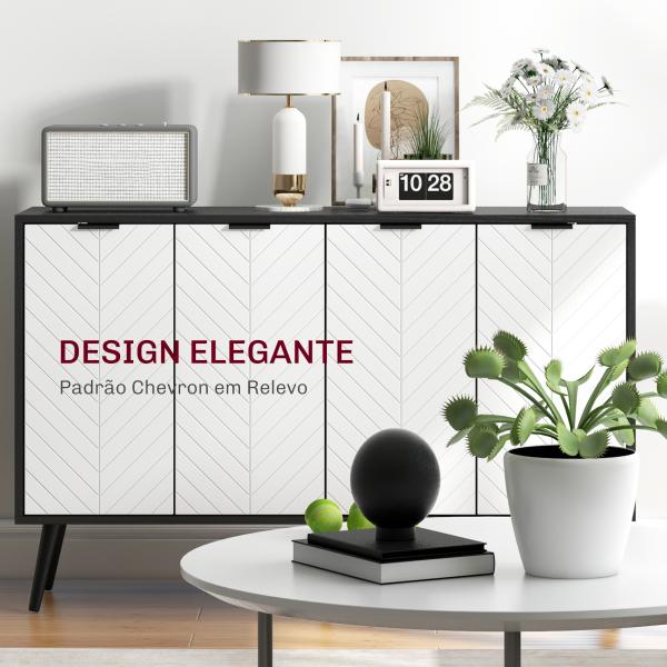 Aparador de 4 Portas Aparador de Sala com Prateleiras Ajustáveis e Pés de Madeira para Cozinha Branco e Preto 120x35x77,4 cm