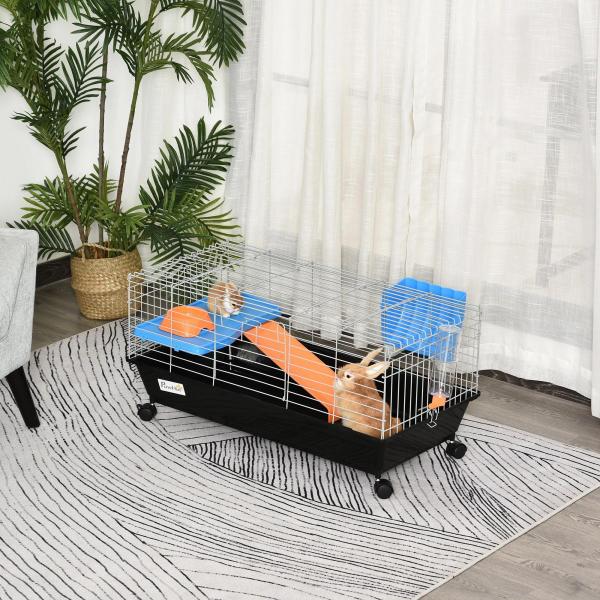 Gaiola para Roedores Pequenos com Rodas Habitat para Furões Porquinho da India com Comedouro Bebedouro Rampa 89x44x43cm Preto