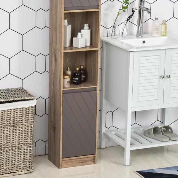 Armário Alto para Banheiro com 2 Portas e 2 Prateleiras Abertas Móveis Auxiliares para Sala de Estar Corredor 30x24x170 cm Carvalho e Cinza