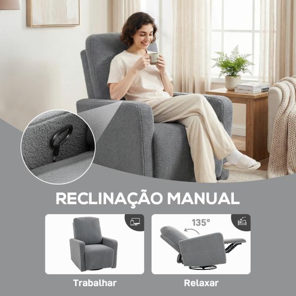 Poltrona Relax Reclinável Manual Poltrona Relax de Borreguito com Função de Baloiço 360° Reclinável até 135º 76x94x100 cm Cinza