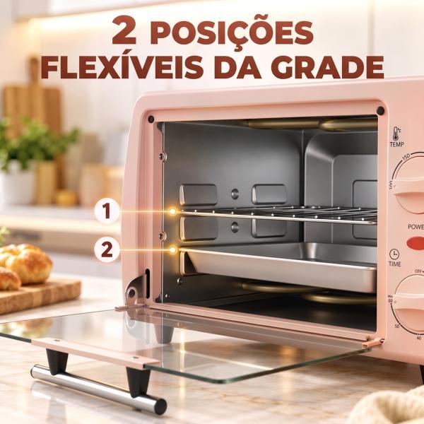 Forno Elétrico de Bancada 10 L 750 W com Temperatura até 230 °C e Temporizador 36,5x26x22 cm Rosa