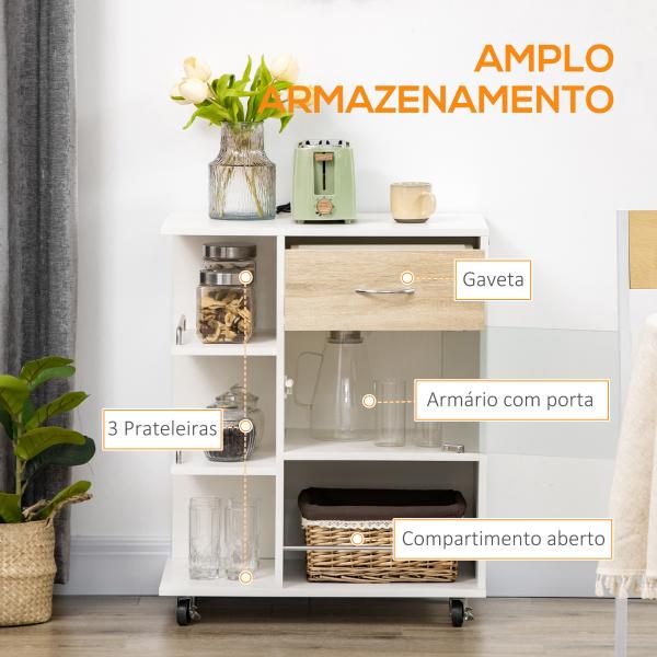 Carrinho de Cozinha com 1 Gaveta Porta de Vidro e Prateleiras Abertas Carrinho Auxiliar com Rodas 65x39x80cm Madeira