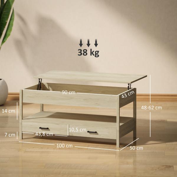 Mesa de Centro com Bancada Elevável Espaço Oculto de Armazenamento Gavetas e Prateleira Aberta 100x50x48 - 62 cm Carvalho