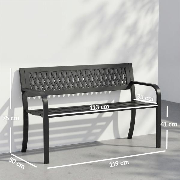Banco de Jardim Exterior de 2 Lugares com Assento Ripado, Apoios de Braço e Estrutura de Aço 119x50x75 cm Preto