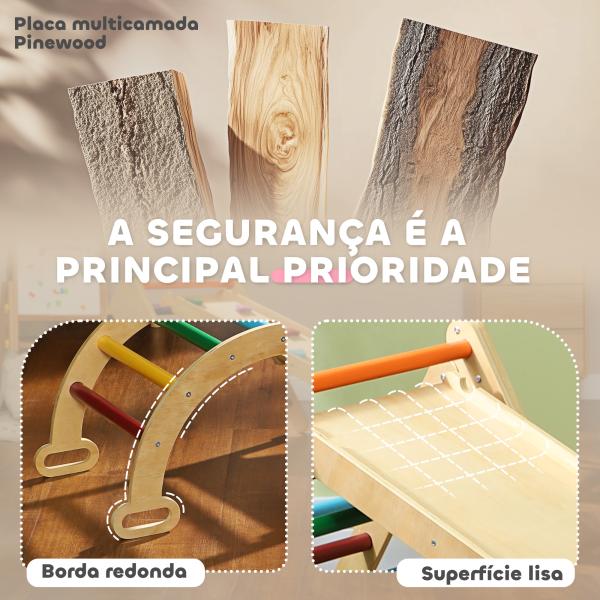 Triângulo de Escalada de Madeira 5 em 1 Escada para Crianças de 18 - 48 Meses com Rampa e Arco de Escalada 178x64,5x63 cm Multicor