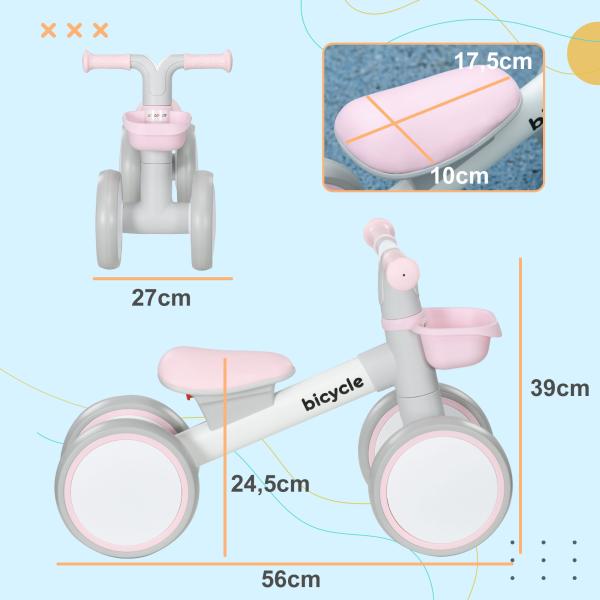 Bicicleta sem Pedais para Crianças de 12 - 36 Meses Bicicleta de Equilíbrio com Assento Ajustável 56x27x39 cm Rosa