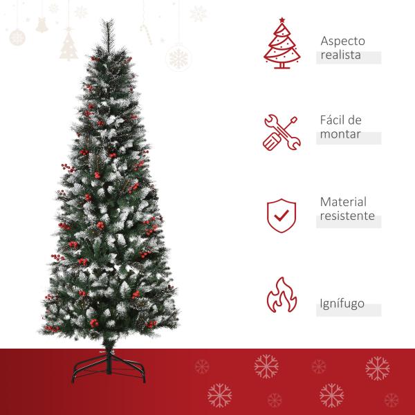 Árvore de Natal Artificial 180cm Ignífugo com 539 Ramos 51 Bagas Folhas de PVC Base Dobrável e Suporte Metálico Verde