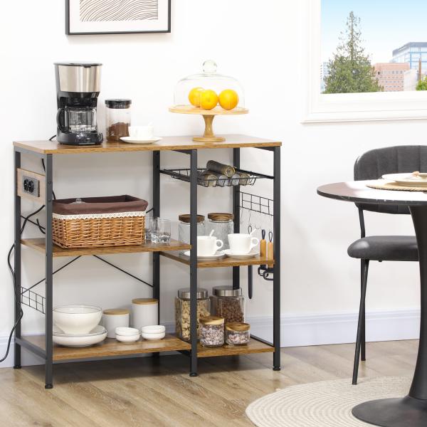 Estante de Cozinha Estilo Industrial com Tomada Elétrica Prateleiras Ajustáveis Ganchos e Cesta Metálica 90x40x83 cm Marrom Rústico