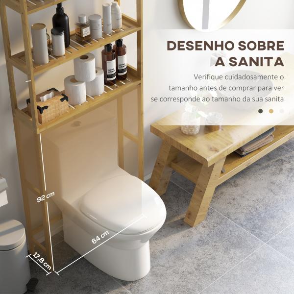 Estante sobre Sanita de Bambu com 3 Prateleiras Pés com Almofadas Antiderrapantes e Anti - Tombo 68x20x135 cm Madeira