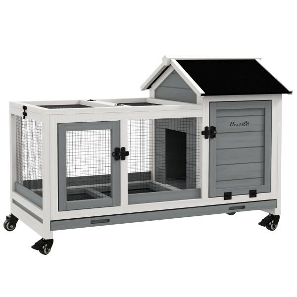 Coelheira de Madeira com Rodas para 1 - 2 Coelhos com Teto Abatível Bandeja Amovível 108x58x73,5 cm Cinza e Branco