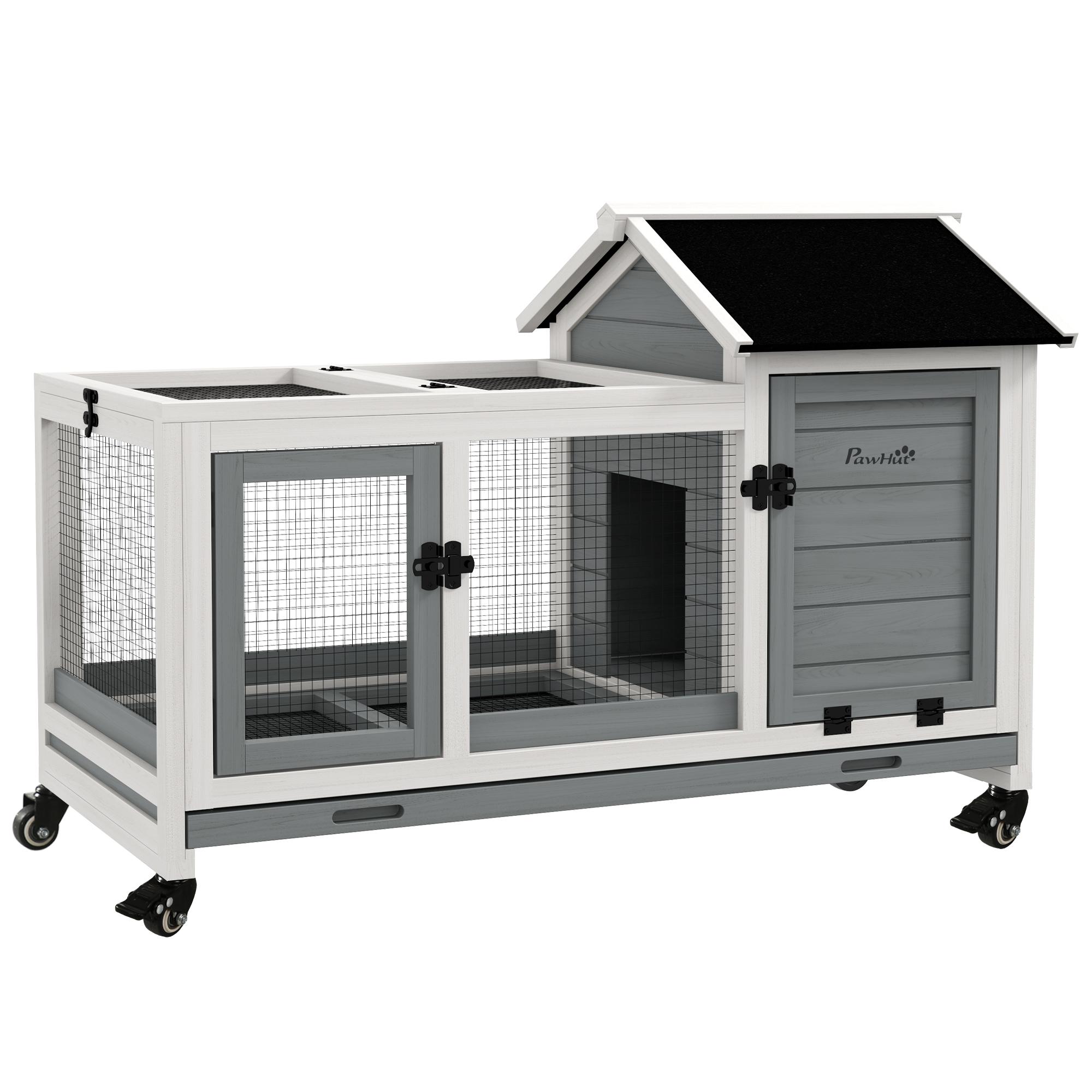 Coelheira de Madeira com Rodas para 1 - 2 Coelhos com Teto Abatível Bandeja Amovível 108x58x73,5 cm Cinza e Branco