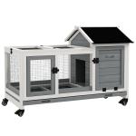 Coelheira de Madeira com Rodas para 1 - 2 Coelhos com Teto Abatível Bandeja Amovível 108x58x73,5 cm Cinza e Branco