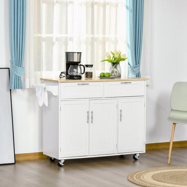 Carrinho de Cozinha com Rodas 2 Gavetas 3 Portas Prateleiras Ajustáveis e Barra para Sala de Jantar 121x46x91 cm Branco