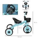Triciclo para Crianças de 2 a 5 anos com Assento Ajustável Cesta Buzina e Pedais e 3 Rodas 70,5x53x58 cm Azul