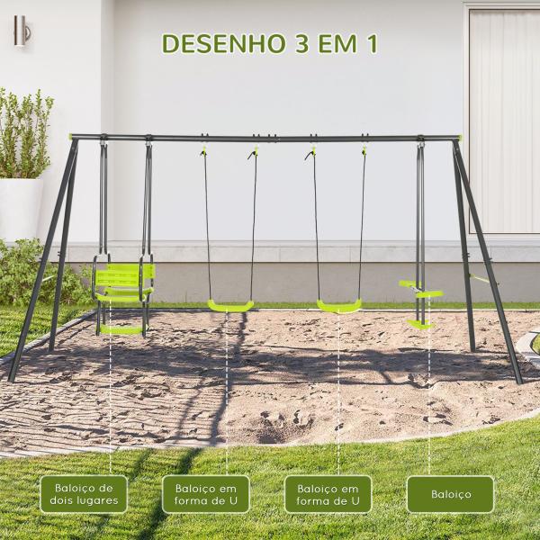 Conjunto de Baloiços Infantil com 2 Baloiços Baloiço Duplo e Estrutura de Aço para Crianças de 3 - 8 Anos 355x184x186 cm Verde
