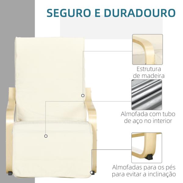 Poltrona Relax com Apoio para os Pés Ajustável Estofada em Tecido com Estrutura de Madeira 66,5x94x100 cm Creme