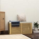 Baú de Arrumação para Dormitório 122L Estofado em Linho Sintético com Almofada Estrutura de Bambu 90x42x43 cm Cinza e Madeira