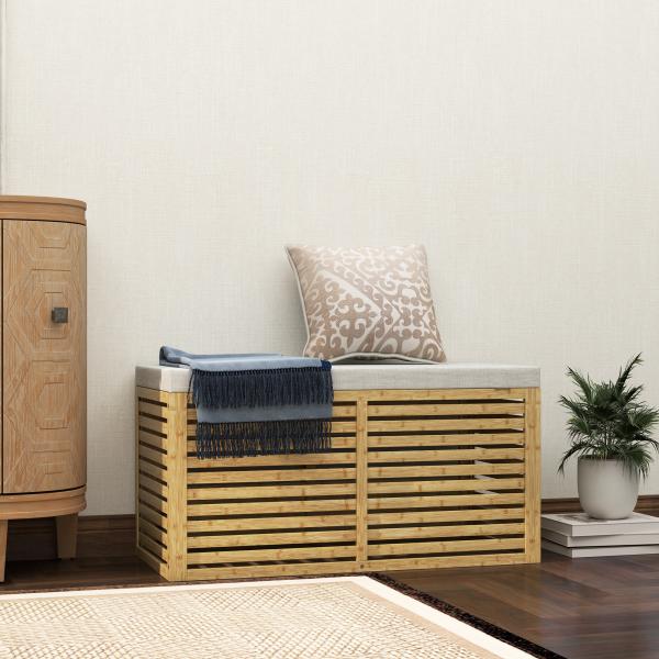 Baú de Arrumação para Dormitório 122L Estofado em Linho Sintético com Almofada Estrutura de Bambu 90x42x43 cm Cinza e Madeira