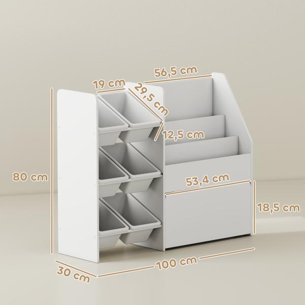 Estante Infantil para Brinquedos com 6 Caixas Removíveis 3 Prateleiras Abertas e Gaveta Inferior com Rodas 100x30x80 cm Branco