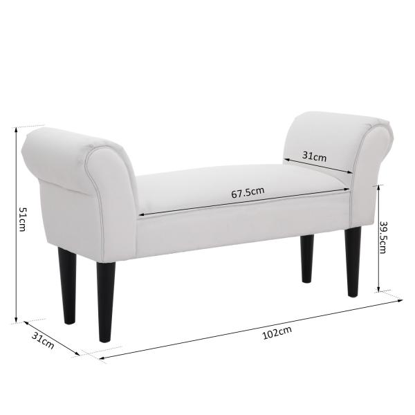 Banco de Pé de Cama Banco com Braços Curvados Estofado e Pés de Madeira Carga Máxima 130kg 102x31x51cm Branco