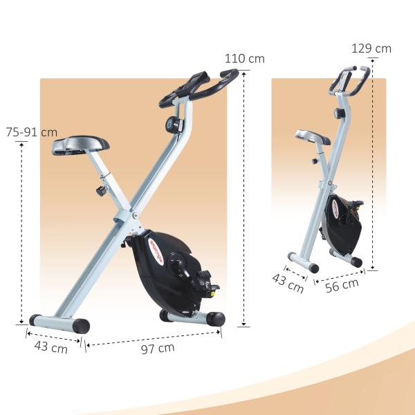 Bicicleta Estática Dobrável Silenciosa com 8 Níveis de Resistência, Monitor LCD, Assento Ajustável e Rodas, Branca