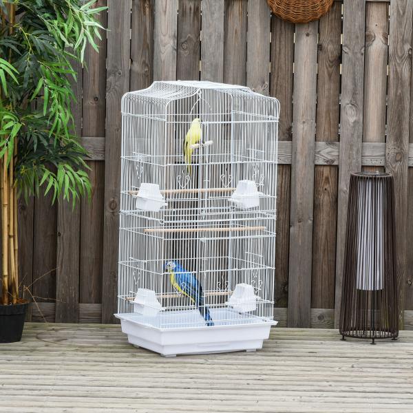 Gaiola para Passáros Gaiola de Metal com Portas 4 Comedouros 3 Poleiros Baloiço Bandeja Removível e Alça de Transporte para Papagaio Canário Periquito 46,5x35,5x92cm Branco