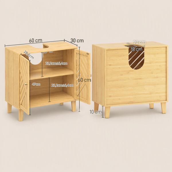 Móvel para Lavatório Pousar em Bambu com Portas Ripadas Armário de Casa de Banho para Lavatório sem Pedestal 60x30x60 cm Madeira